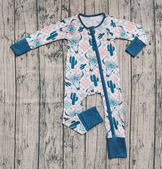 Preorder (moq 20)Baby Boys Bamboo Long Sleeves Bull Skull Cactus Plaid Zipper Romper