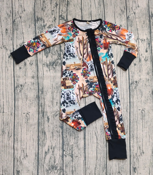 Preorder (moq 20)Baby Girls Bamboo Long Sleeves Highland Camo Ruffle Zipper Romper