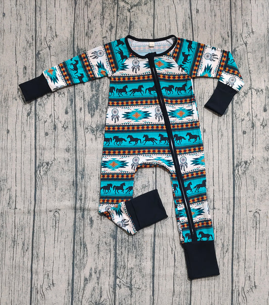 Preorder (moq 20)Baby Boys Bamboo Long Sleeves Aztec Horses Zipper Romper