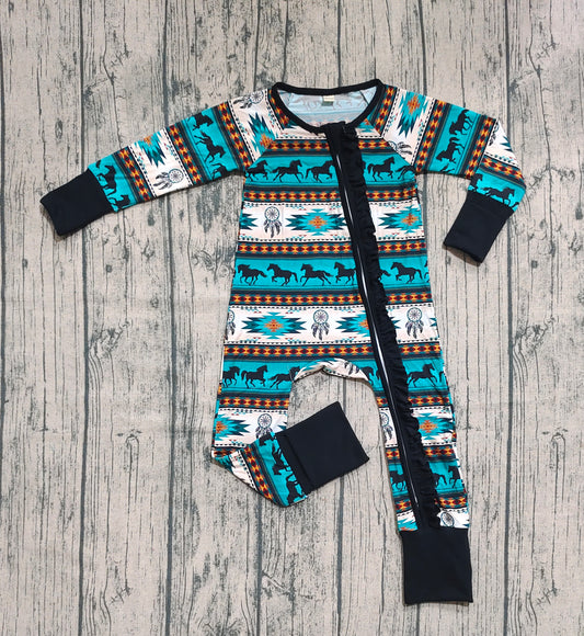 Preorder (moq 20)Baby Girls Bamboo Long Sleeves Aztec Horses Ruffle Zipper Romper