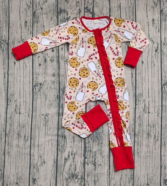 Preorder (moq 20)Baby Girls Bamboo Long Sleeves Milk Cookies Ruffle Zipper Romper