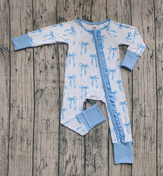 Preorder (moq 20)Baby Girls Bamboo Long Sleeves Blue Bows Plaid Ruffle Zipper Romper