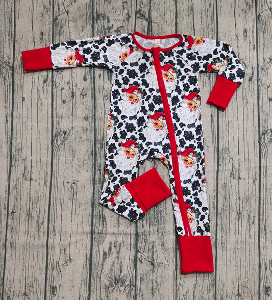 Preorder (moq 20)Baby Boys Bamboo Long Sleeves Cow Print Santa Zipper Romper