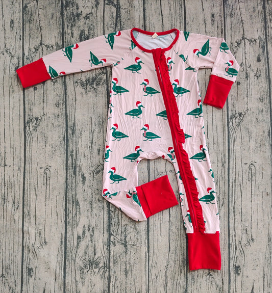 Preorder (moq 20)Baby Girls Bamboo Long Sleeves Christmas Hats Ducks Ruffle Zipper Romper