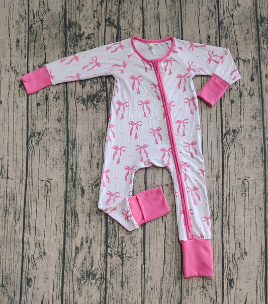 Preorder (moq 20)Baby Boys Bamboo Long Sleeves Pink Bows Plaid Zipper Rompers