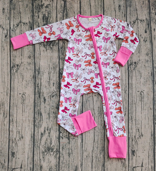 Preorder (moq 20)Baby Boys Bamboo Long Sleeves Pink Bows Plaid Zipper Romper