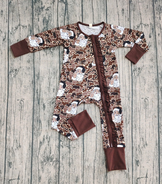 Preorder (moq 20)Baby Girls Bamboo Long Sleeves Brown Camo Santa Christmas Ruffle Zipper Romper