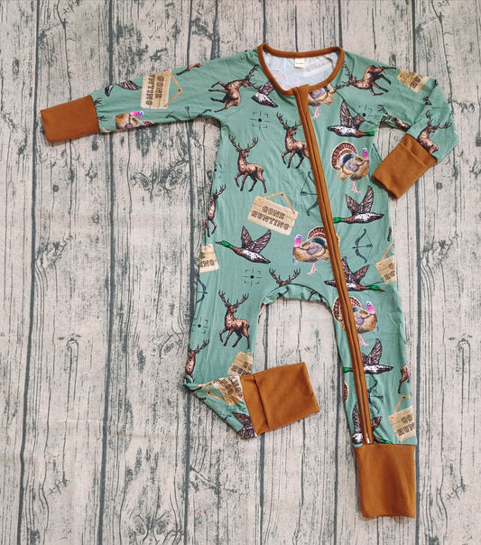 Preorder (moq 20)Baby Boys Bamboo Long Sleeves Deer Ducks Hunting Zipper Romper