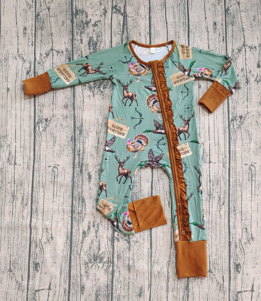 Preorder (moq 20)Baby Girls Bamboo Long Sleeves Deer Ducks Hunting Ruffle Zipper Romper