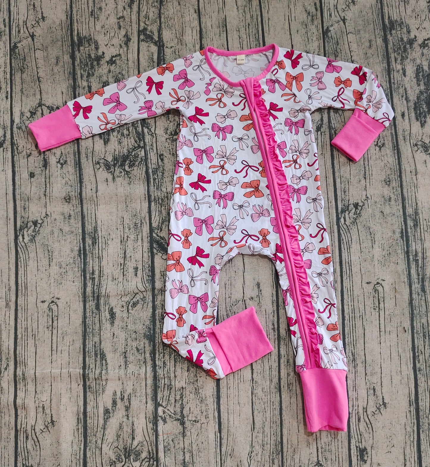 Preorder (moq 20)Baby Girls Bamboo Long Sleeves Pink Bows Plaid Ruffle Zipper Romper