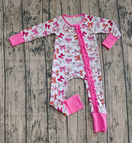 Preorder (moq 20)Baby Girls Bamboo Long Sleeves Pink Bows Plaid Ruffle Zipper Romper
