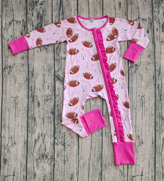 Preorder (moq 20)Baby Girls Bamboo Long Sleeves Footballs Plaid Ruffle Zipper Rompers