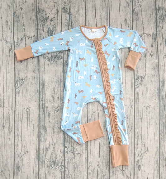 Preorder (moq 20)Baby Girls Bamboo Long Sleeves Dogs Plaid Ruffle Zipper Romper