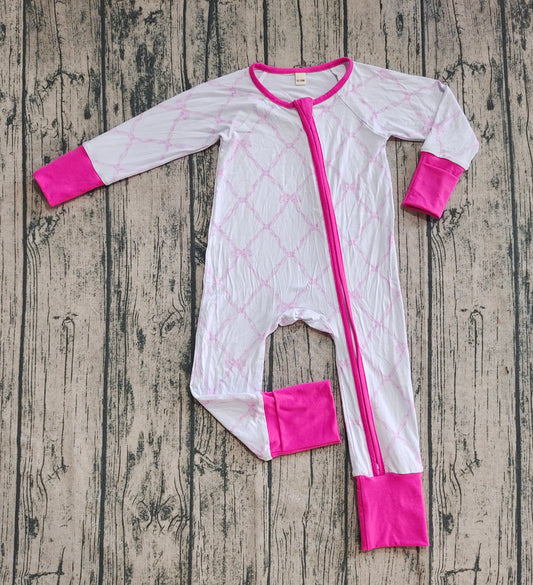 Preorder (moq 20)Baby Boys Bamboo Long Sleeves Light Pink Bows Plaid Zipper Rompers