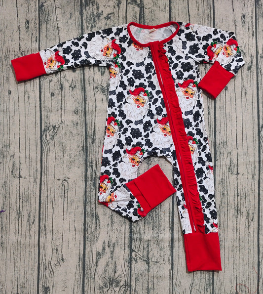 Preorder (moq 20)Baby Girls Bamboo Long Sleeves Cow Print Santa Ruffle Zipper Romper