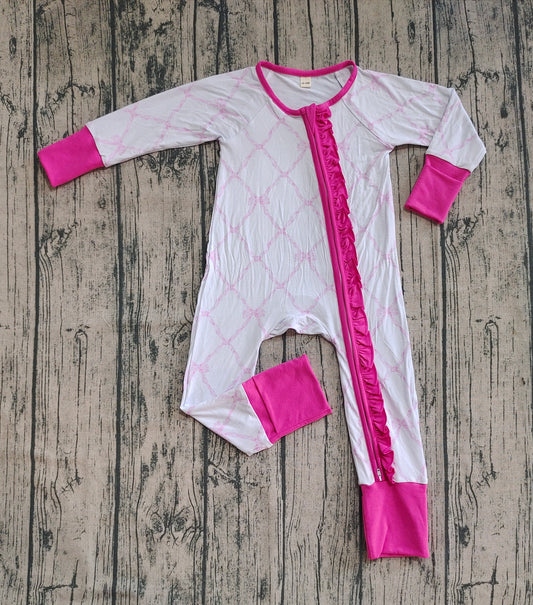 Preorder (moq 20)Baby Girls Bamboo Long Sleeves Light Pink Bows Plaid Ruffle Zipper Rompers