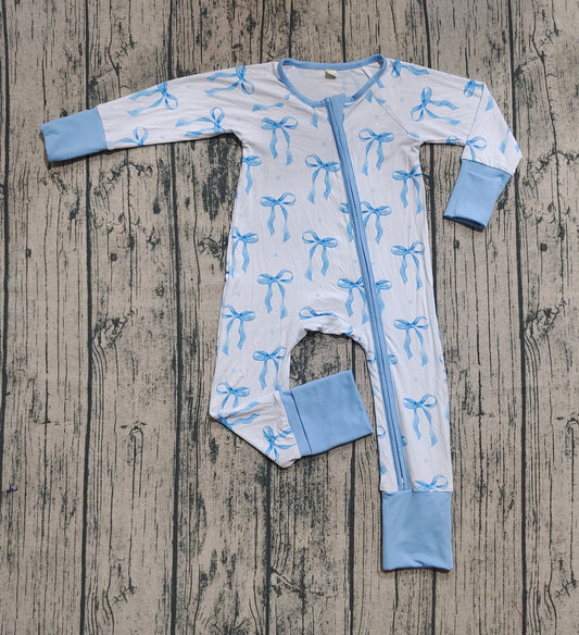 Preorder (moq 20)Baby Boys Bamboo Long Sleeves Blue Bows Plaid Zipper Romper