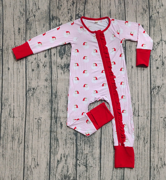 Preorder (moq 20)Baby Girls Bamboo Long Sleeves Pink Santa Plaid Ruffle Zipper Romper