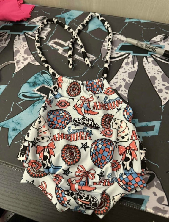 Preorder (moq 5)Baby Girls Western Halter Howdy America Rompers