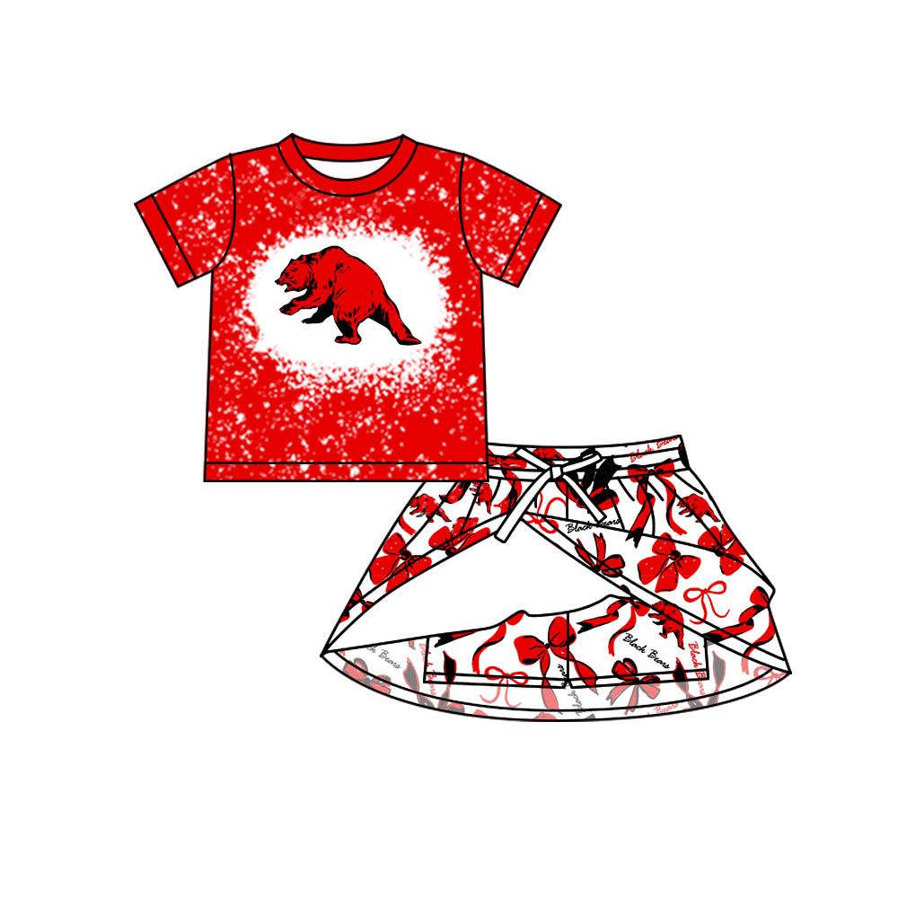 Preorder (moq 5)Baby Girls Red Short Sleeves Black Bears Top Bows Skorts Team Sets