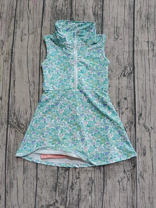 Preorder moq 5 Baby Girls Short Sleeves Blue Flowers Zipper Knee Length Dresses