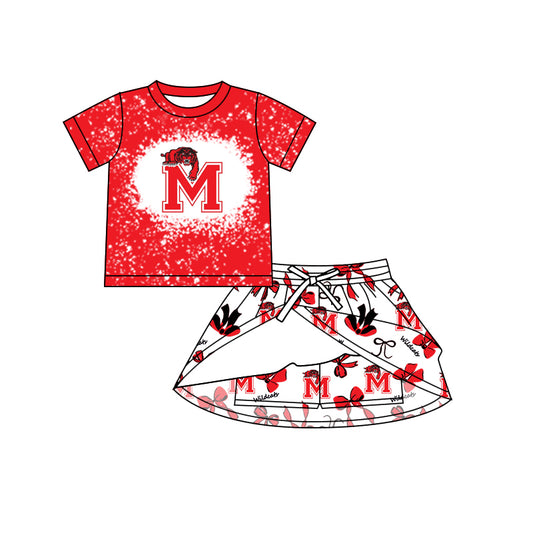 Preorder (moq 5)Baby Girls Red Short Sleeves Wildcats Top Bows Skorts Team Sets