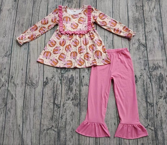 Preorder moq 5 Baby Girls Pink Long Ruffle Sleeves Bows Pumpkins Plaid Tunic Pants Set