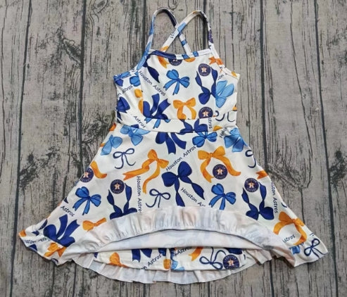 Preorder (moq 5)Baby Girls Strap Bows Plaid Houston Astros Shorts Ruffle Team Knee Length Dresses