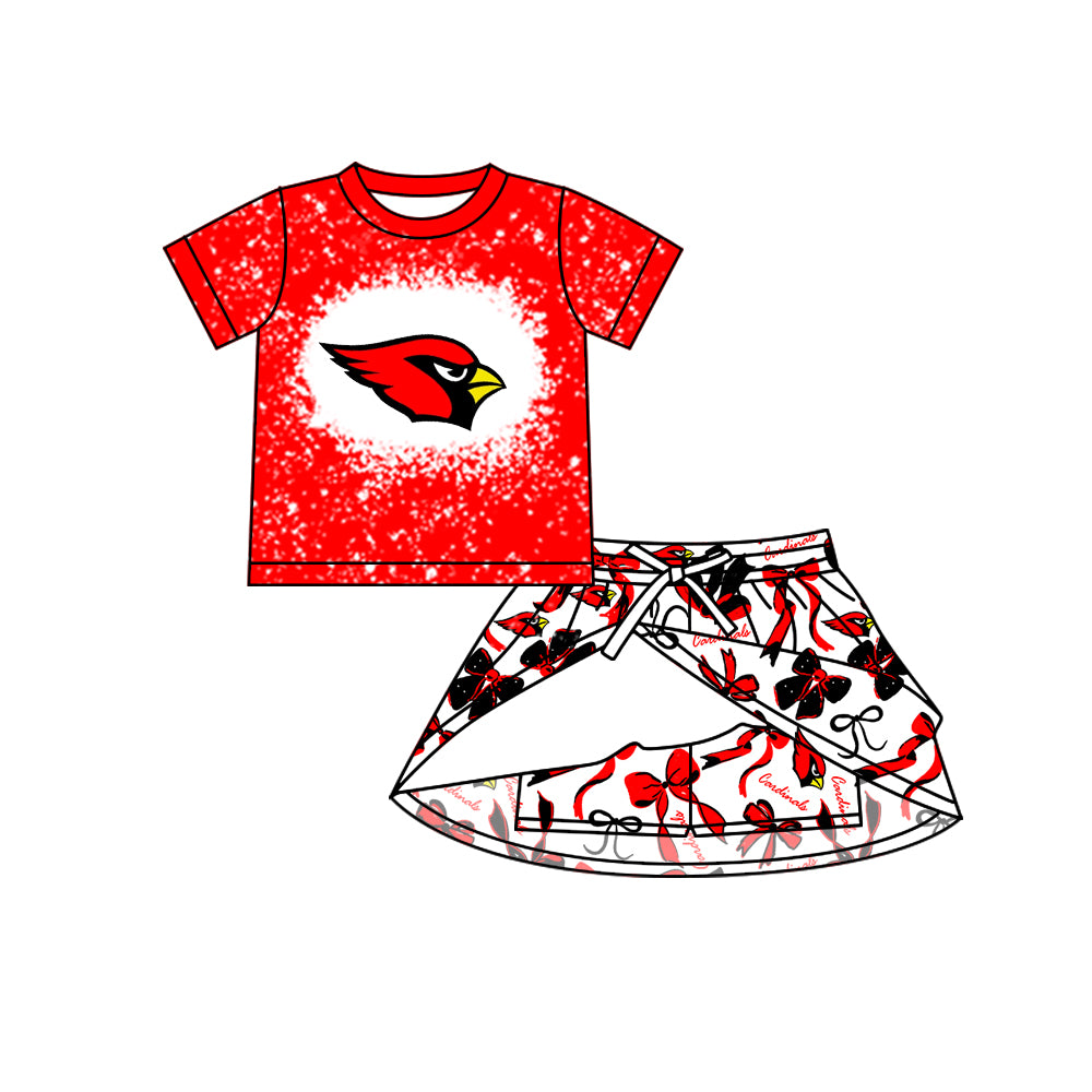 Preorder (moq 5)Baby Girls Red Cardinals Top Bows Plaid Skorts Team Sets