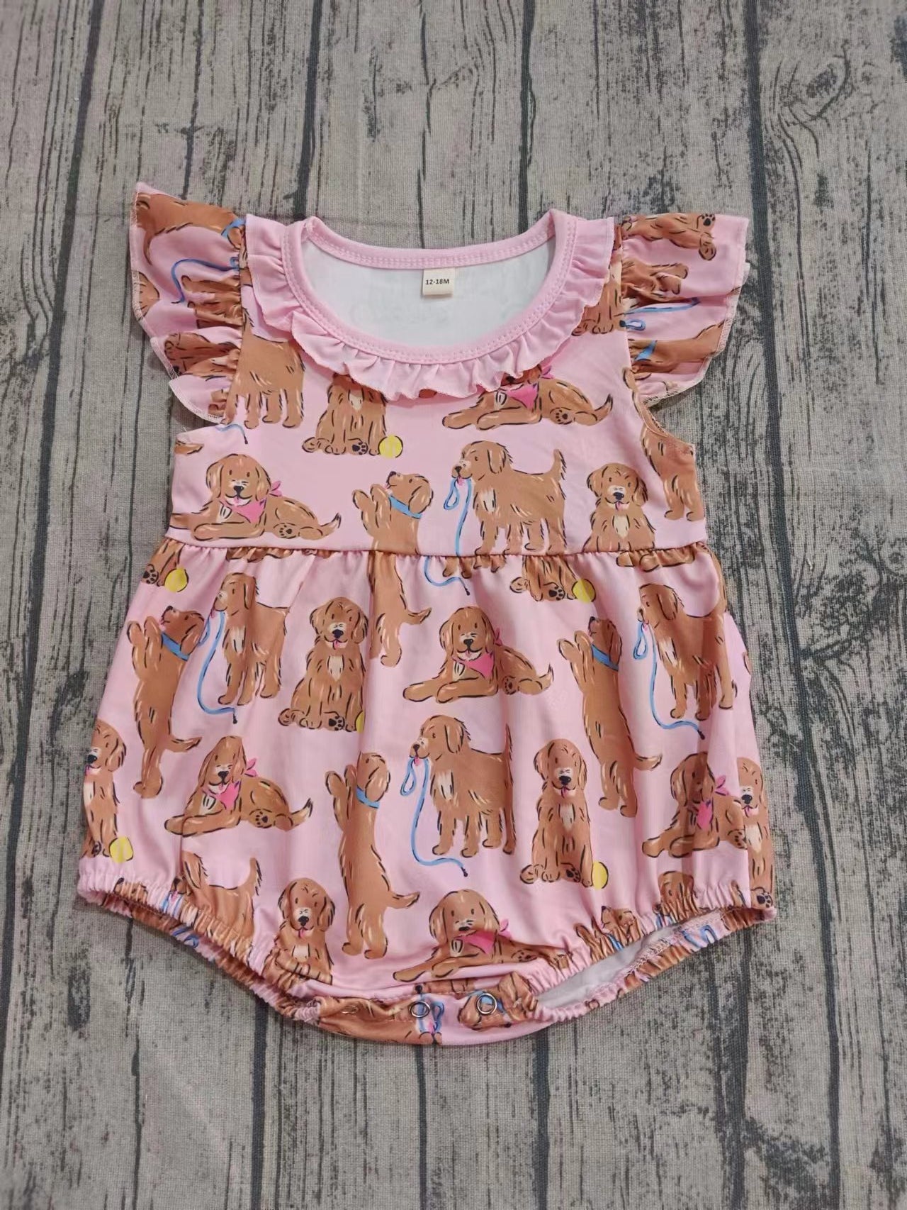 Preorder moq 5 Baby Girls Pink Flutter Sleeves Dogs Plaid Ruffle Rompers