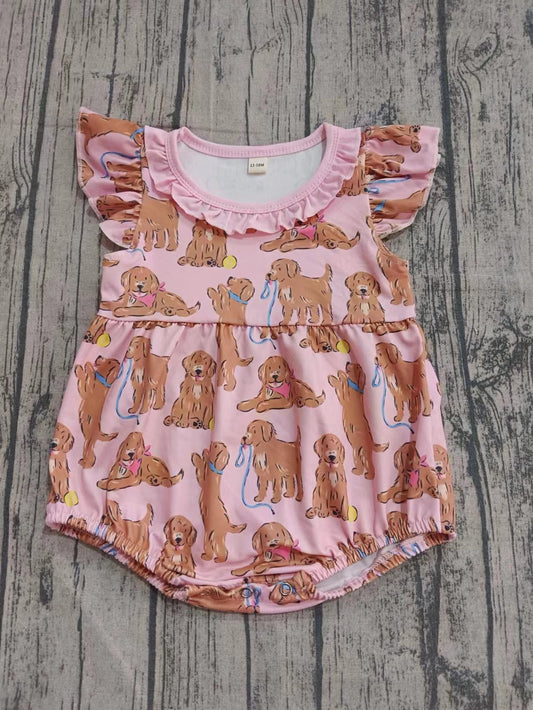 Preorder moq 5 Baby Girls Pink Flutter Sleeves Dogs Plaid Ruffle Rompers