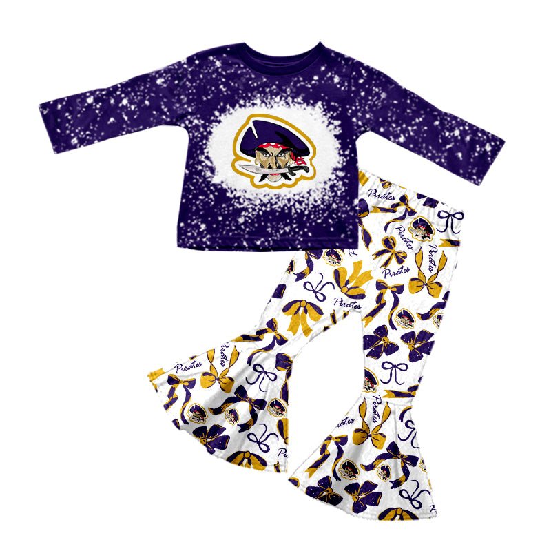 Preorder (moq 5)Baby Girls Purple Pirates Top Team Bows Bell Bottom Pants Sets