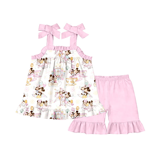 Preorder moq 5 Baby Girls Cartoon Mouse Straps Tunic Ruffle Short Sets