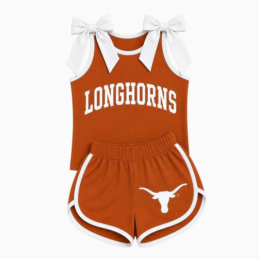 Preorder (moq 5)Baby Girls Longhorns Bows Shirts Shorts Team Clothes Sets