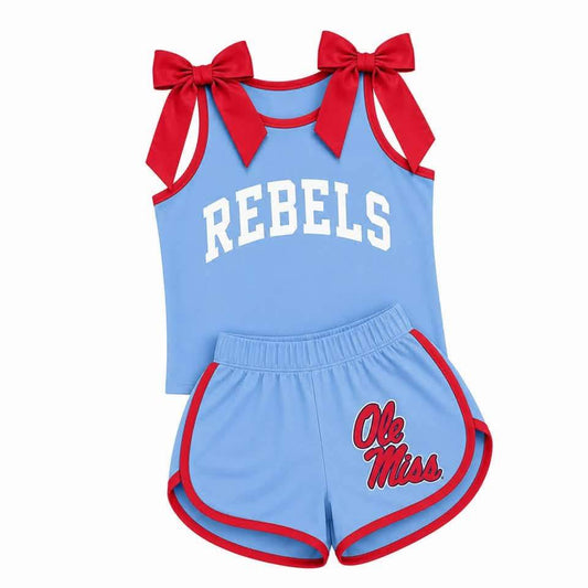 Preorder (moq 5)Baby Girls Rebels Bows Shirts Ole Miss Shorts Team Clothes Sets