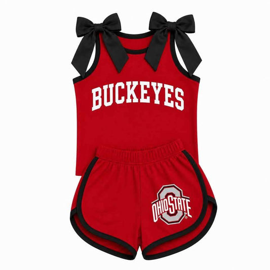 Preorder (moq 5)Baby Girls Buckeyes Bows Shirts Ohio State Shorts Team Clothes Sets