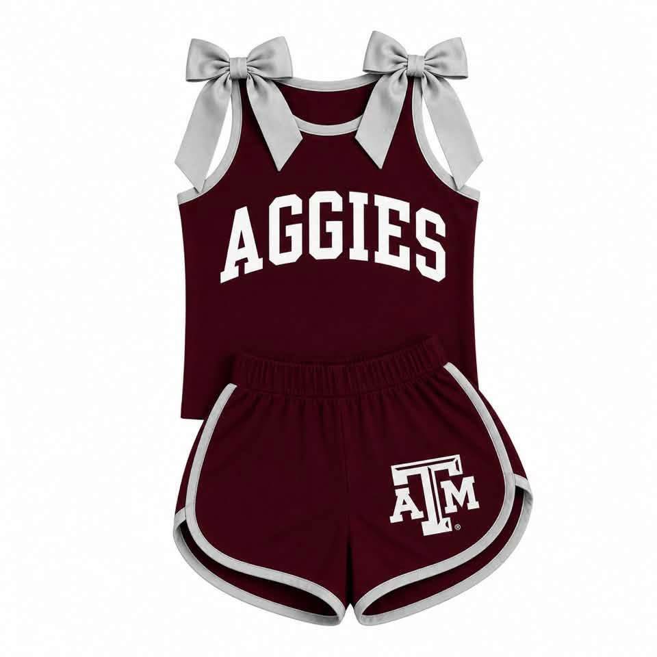 Preorder (moq 5)Baby Girls Aggies Bows Shirts ATM Shorts Team Clothes Sets
