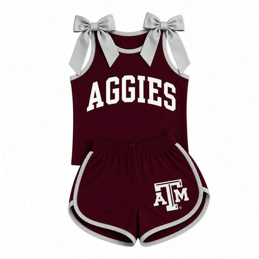 Preorder (moq 5)Baby Girls Aggies Bows Shirts ATM Shorts Team Clothes Sets