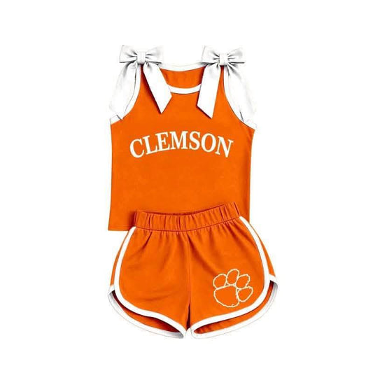 Preorder (moq 5)Baby Girls Clemson Bows Shirts Shorts Team Clothes Sets