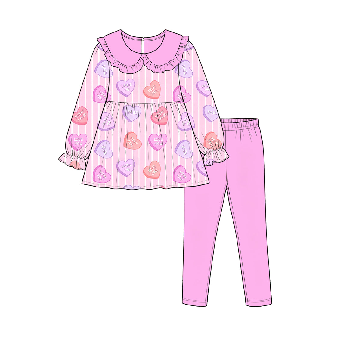 Preorder(moq5) Girls Valentine Pajama Set Geometric Pattern Lapel Button-Down Long Sleeve Top Pants Casual Soft Kids