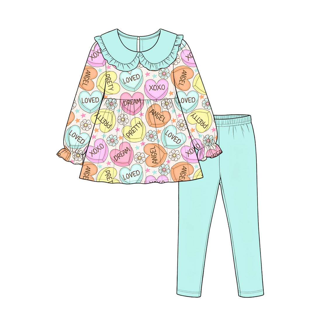 Preorder(moq5)  Valentine's Day 2-Piece Soft Ruffle Collar Heart Print Long Sleeve Top & Pants Clothing Set