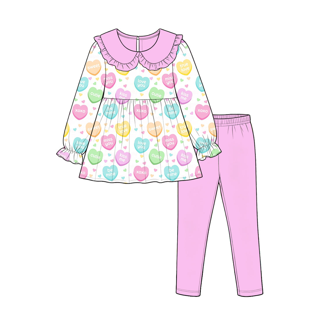 Preorder(moq5) Girls Valentine Pajama Set Geometric Pattern Lapel Button-Down Long Sleeve Top Pants Casual Soft Kids