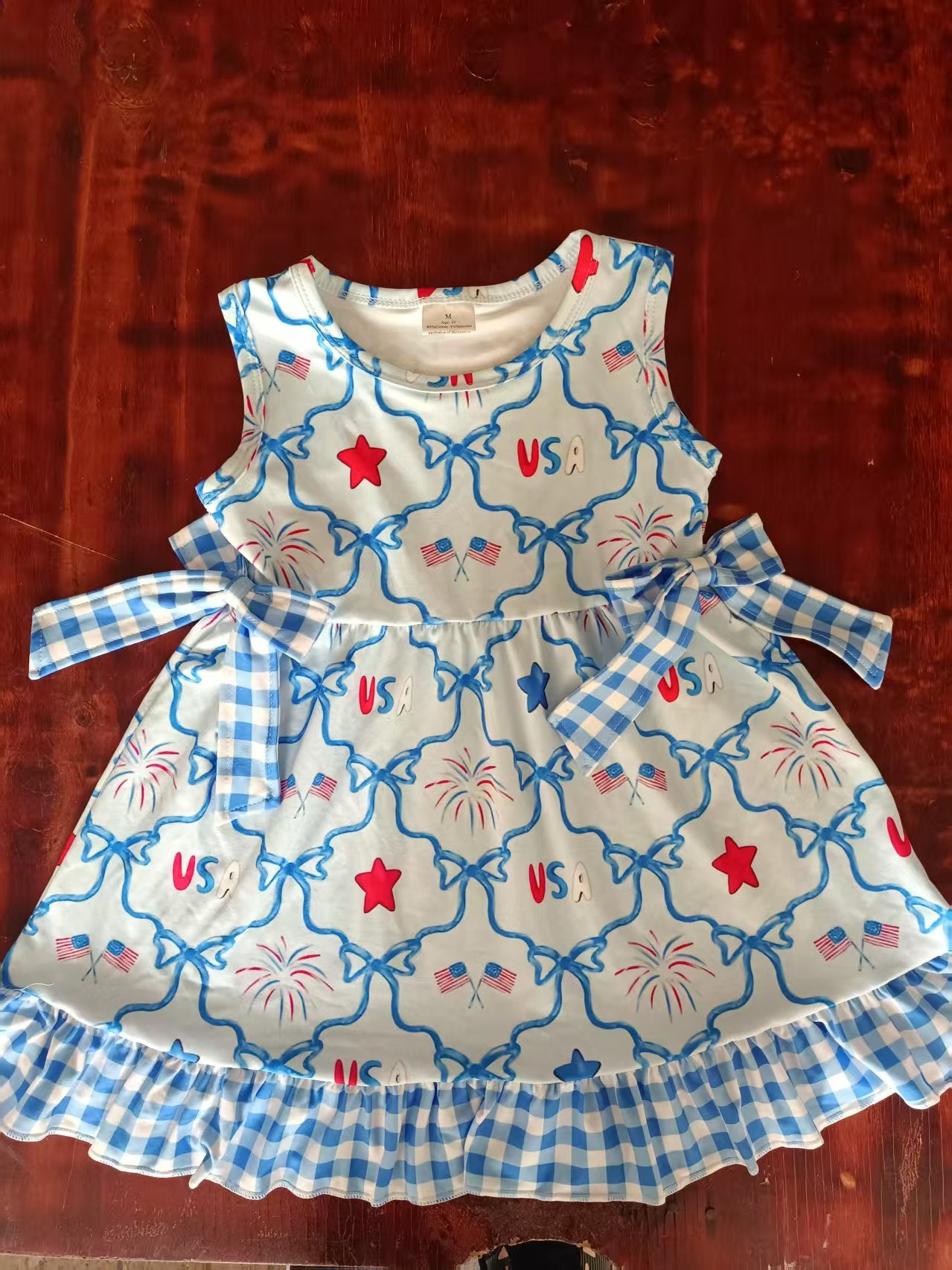 Preorder moq 5 Baby Girls Sleeveless Blue Red Bows Flags Stars 4th Of July Knee Length Dress