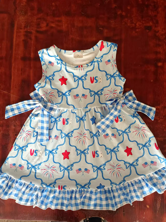 Preorder moq 5 Baby Girls Sleeveless Blue Red Bows Flags Stars 4th Of July Knee Length Dress