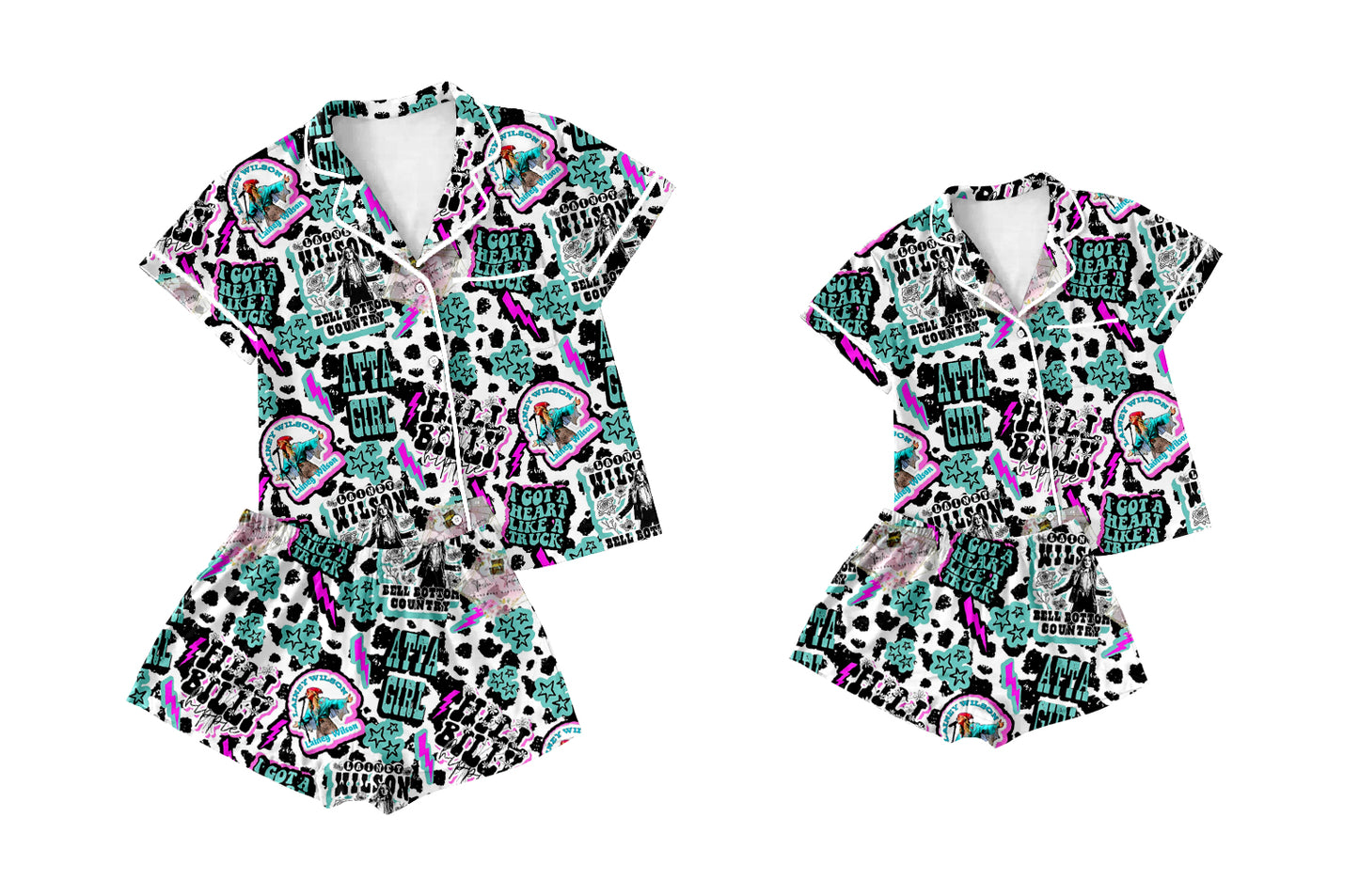 Preorder moq 5 Custom Mama And Me Short Sleeves Singers Cow Print Button Pocket Top Short Pajamas Sets