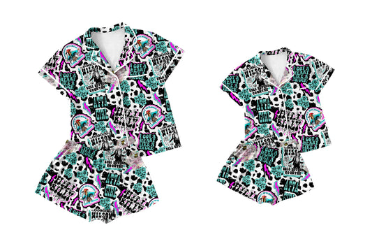 Preorder moq 5 Custom Mama And Me Short Sleeves Singers Cow Print Button Pocket Top Short Pajamas Sets