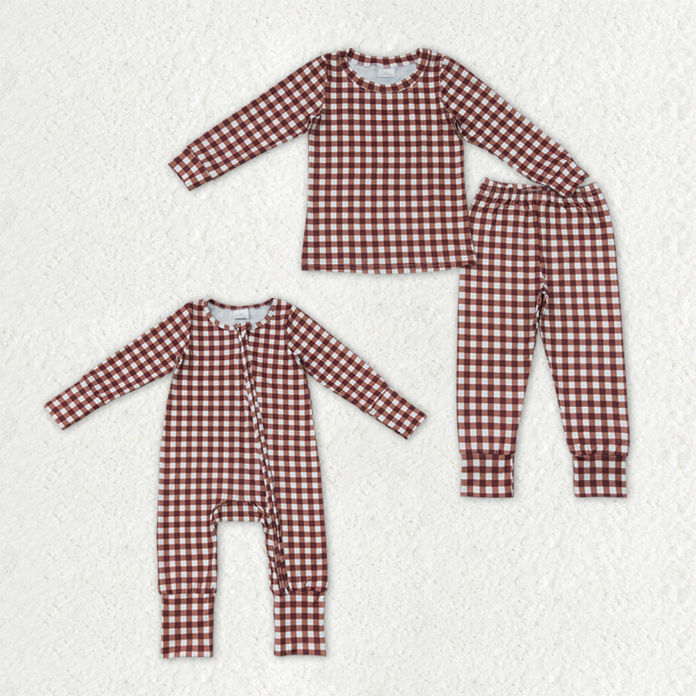 Sibling Baby Boys Long Sleeves Khaki Checked Top Pant Fall Pajamas Set Zip Rompers