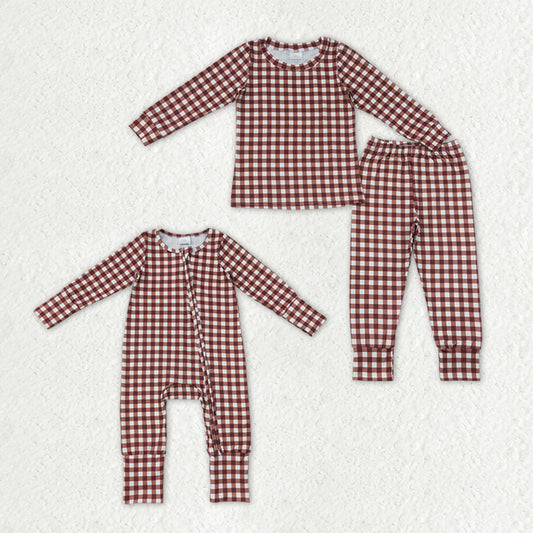 Sibling Baby Boys Long Sleeves Khaki Checked Top Pant Fall Pajamas Set Zip Rompers