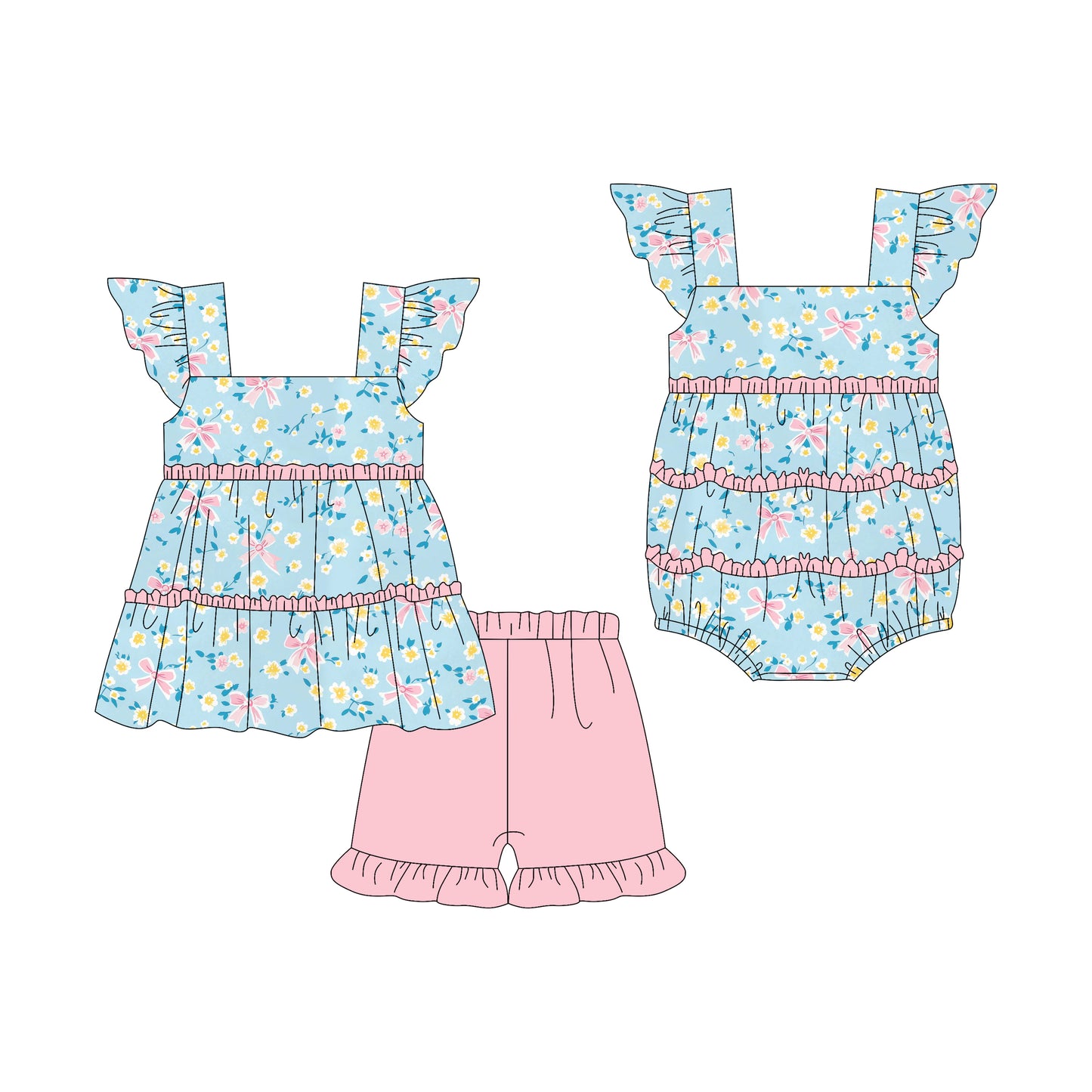 Preorder moq 5 Custom Baby Girls Blue Flutter Sleeves Floral Bows Tunic Pink Ruffle Short Set Rompers