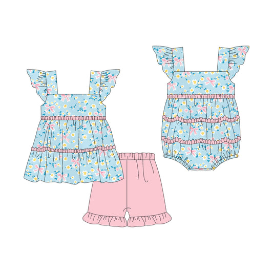 Preorder moq 5 Custom Baby Girls Blue Flutter Sleeves Floral Bows Tunic Pink Ruffle Short Set Rompers
